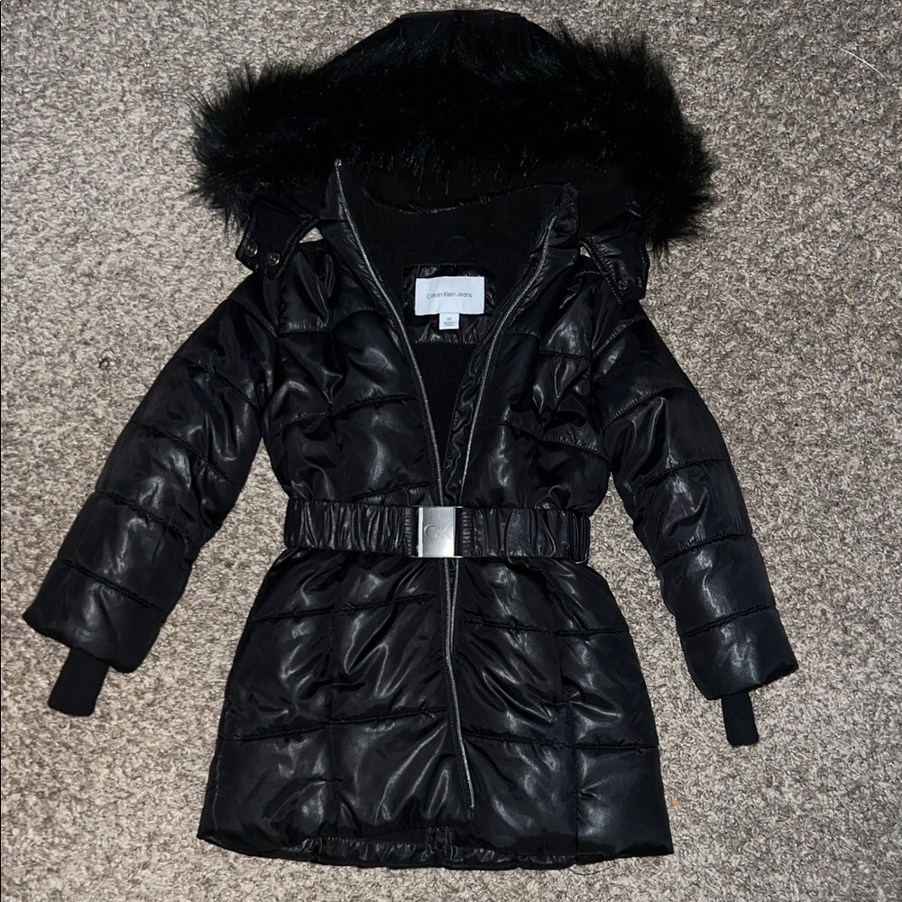 Calvin Klein Black Puffer Jacket with Faux Fur Hood